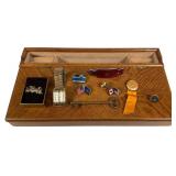Valjean 17 Jewel Watch, Parquetry Valet Box & Pins