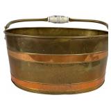 Vtg Brass & Copper Oval Hearth Bucket, Lion Masks
