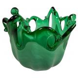 Murano Emerald Glass Console Bowl w/ Looped Rim