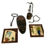 Folk Art Framed Tiles, Carved Mask & Assorted