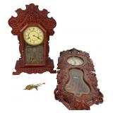 Two Modern Carved Wood Mechanical Clocks