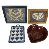 Assortment of Heart Themed Folk Art and Pottery