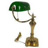 Brass Banker Desk Lamp w/ Green Cased Glass Shade