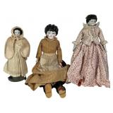 Three Antique German Molded Hair Dolls