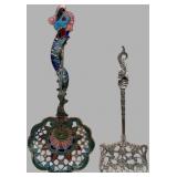 Two Ornate Enamel and Silver Sifter Spoons