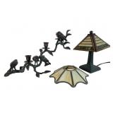 Mission Style Glass Lamp and Bird Candelabra
