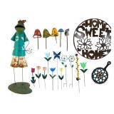 Metal Frog Statuette and Assorted Garden Decor