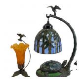 Two Art Glass Turtle and Lily Motif Table Lamps