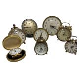 Eight Vintage Mechanical Alarm and Desk Clocks