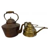 Copper Kettle & Brass Oil Can, 2 Items, 11 inch