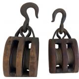 Pair of Vintage Wood & Iron Double Tackle Blocks