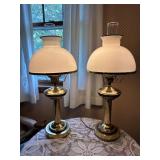 Pair of Brass Student Lamps With White Shades