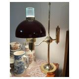 Brass Student Lamp, Burgundy Glass Shade, c.1990
