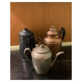 Trio of Vintage Copper, Pewter, and Enamel Pots