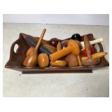 22 Vintage Wooden Darning Tools in Scalloped Tray