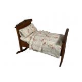 Large Eastlake Wood Doll Rocking Cradle & Bedding