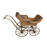 Antique Wicker & Wood Doll Carriage, 39in