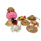 Collection of 8 Vintage Doll Hats & Dolly Box