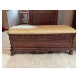 Carved Wood Storage Bench with Upholstered Seat