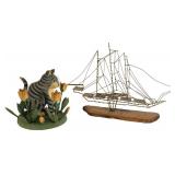 GIG Hosfeld Wood Cat and Wire Ship Sculptures