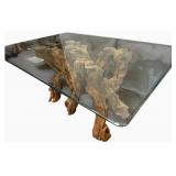 Large Organic Wood Root Base Glass Top Table