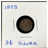 1 Silver 1853 Three Cent Coin