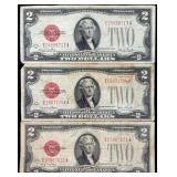 3 1928 G Two Dollar Notes