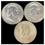 3 Silver 1956, 1957-D 1958-D US Franklin Half Doll