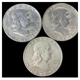 3 Silver 1952 1953-D 1954-D Franklin Half Dollars