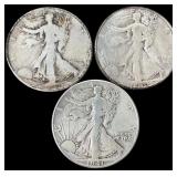 3 Silver 1937-D, 1940-S, 1941 Walking Liberty Half
