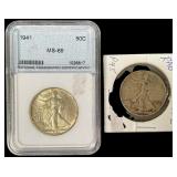 2 Silver 1941 and 1942 Walking Liberty Half Dollar