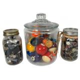 Decorative Jars, Vintage Buttons, Bouncy, Billiard
