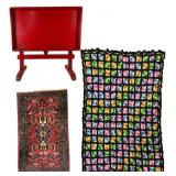 Trio of Painted Tray Table, Rug, and Afghan