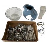 Assorted Glassware, Ceramic Pitcher, and Flatware