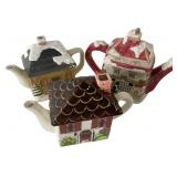 Three Ceramic House-Form Teapots