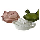 Three Vintage Glass Covered Animal Dishes