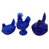 Trio of Cobalt Blue Pressed Glass Poultry Dishes