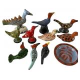 Group of Glazed Redware Bird Figurines and Bowl