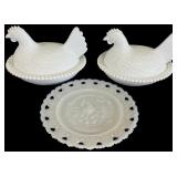 3 Indiana Glass Nesting Hen Dishes and Plate