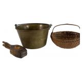 Brass Bucket, Woven Basket, and Lemon Squeezer
