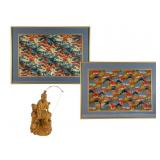 Pair of Japanese Textiles and Carved Wood Figure