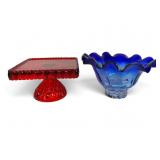 Red Pedestal Cake Stand and Blue Ruffled Bowl
