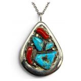 Sterling Turquoise & Coral Large Pendant Necklace