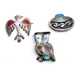 Silver Turquoise & Multi-stone Inlay Brooch Trio