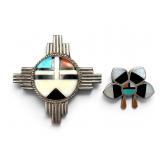 2 Silver Multi-Stone Zuni Sunface Brooches