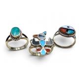 Three Native American Style Silver and Multi Stone