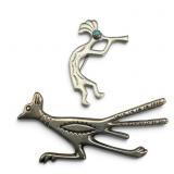Silver Turquoise Kokopelli & Roadrunner Brooches
