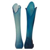 Two Large Blue Swung Glass Vases