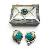 Sterling Silver and Turquoise Pill Box, Earrings