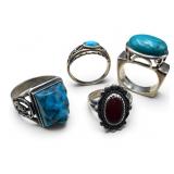 4 Sterling Turquoise & Carnelian Rings